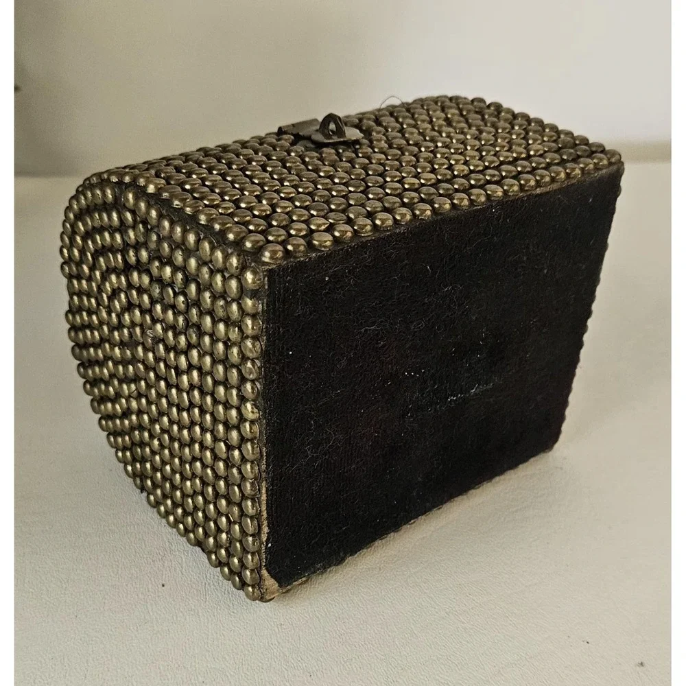 Vintage Brass Hobnail Wood Barrel Top Trinket Box 5